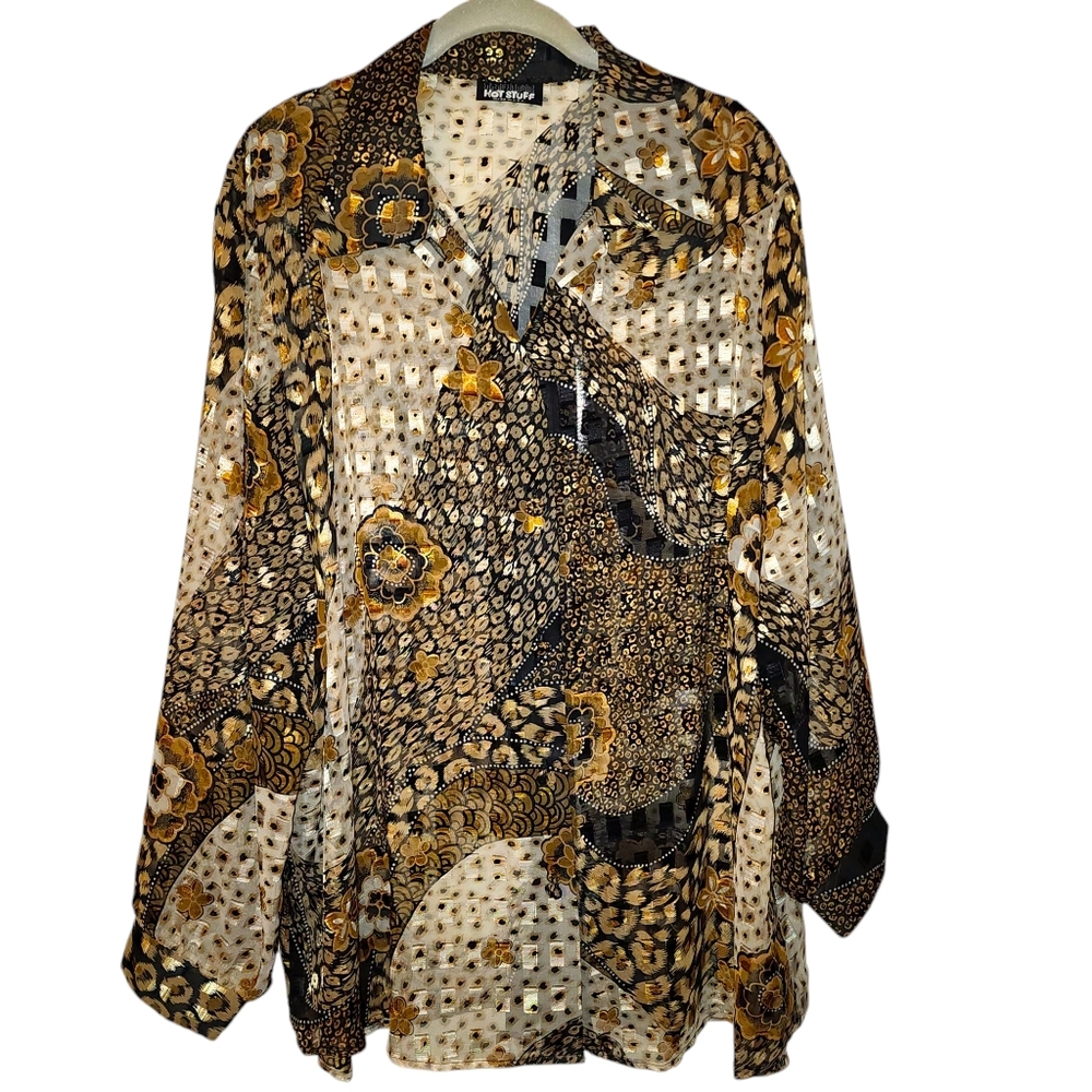 Vintage 90s Hot Stuff Sheer Floral Blouse Black Gold Top Leopard Print Button Up